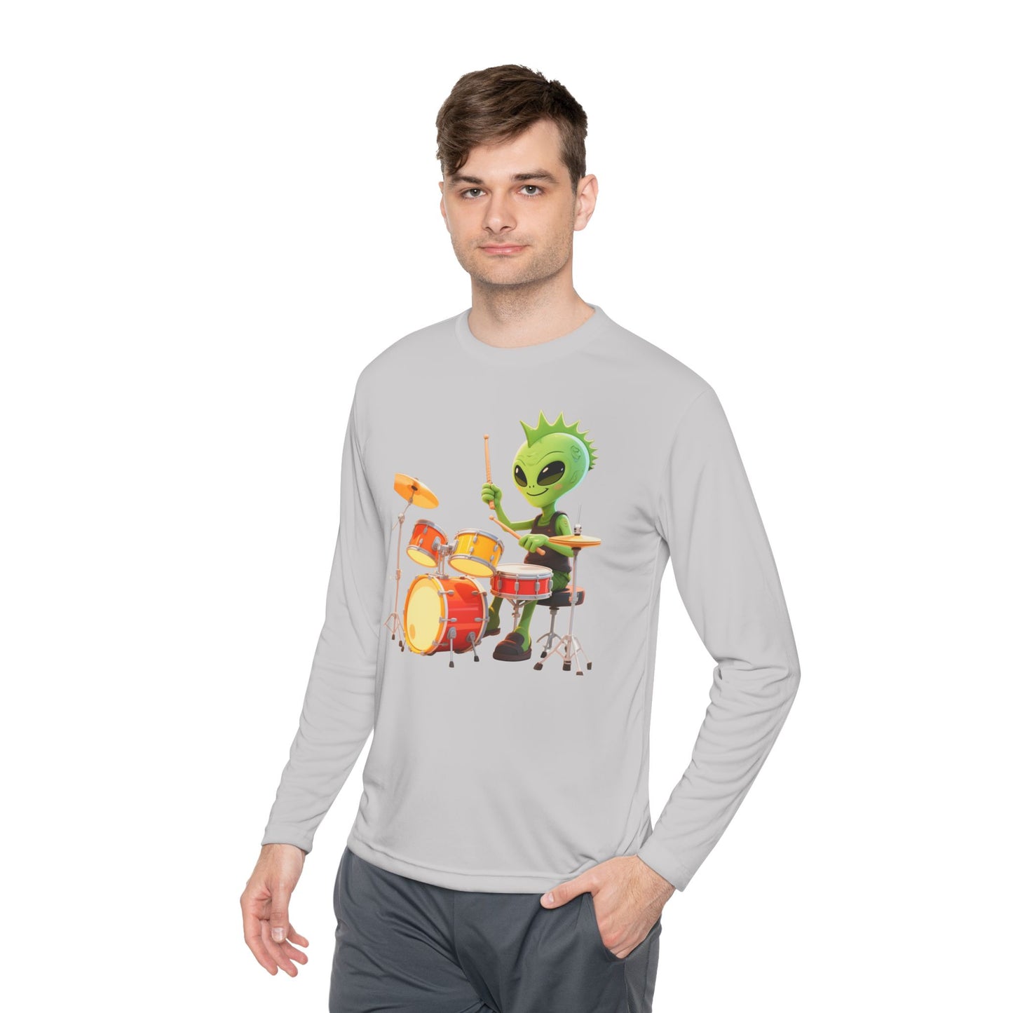 Groovy Alien Drummer Long Sleeve – Cute Green Space Creature Playing Drums Graphic Shirt