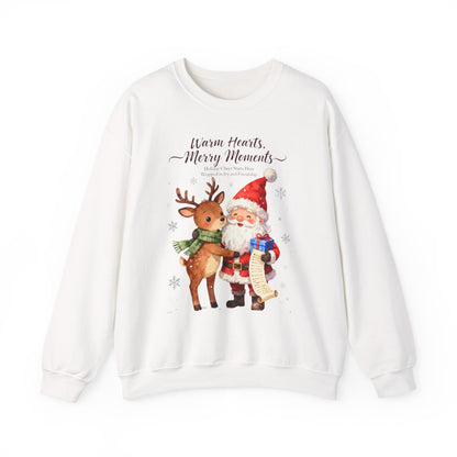 Cozy Christmas Sweatshirt – “Warm Hearts, Merry Moments” Santa & Reindeer Holiday Pullover for Festive Cheer