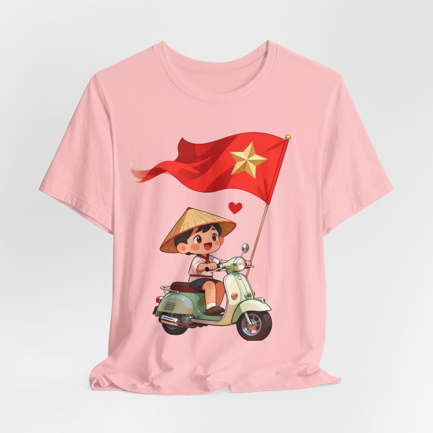 intage Vespa Rider Tee – Adorable Kid & Star Flag Illustration, Travel-Style Vietnam Graphic Shirt