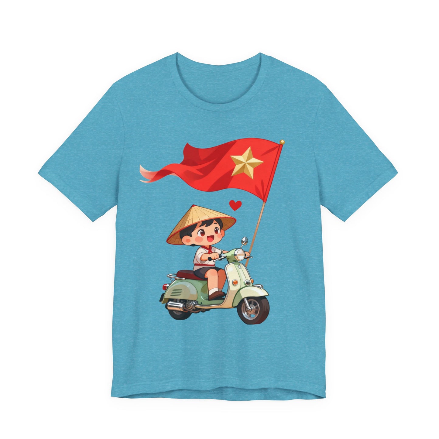 intage Vespa Rider Tee – Adorable Kid & Star Flag Illustration, Travel-Style Vietnam Graphic Shirt