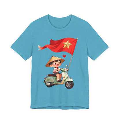 intage Vespa Rider Tee – Adorable Kid & Star Flag Illustration, Travel-Style Vietnam Graphic Shirt