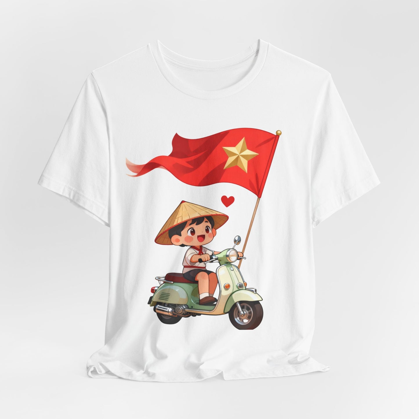 intage Vespa Rider Tee – Adorable Kid & Star Flag Illustration, Travel-Style Vietnam Graphic Shirt
