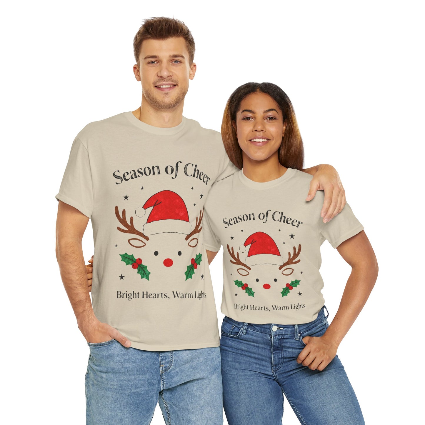 Bright Hearts Reindeer Christmas T-Shirt – Cozy Holiday Gift for Family and Friends