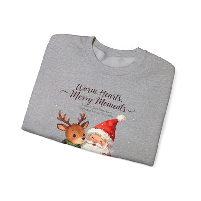 Cozy Christmas Sweatshirt – “Warm Hearts, Merry Moments” Santa & Reindeer Holiday Pullover for Festive Cheer