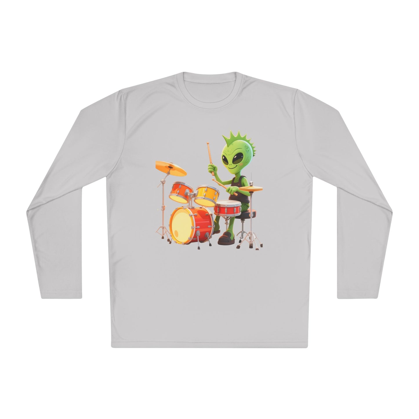 Groovy Alien Drummer Long Sleeve – Cute Green Space Creature Playing Drums Graphic Shirt