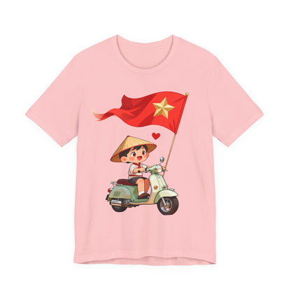 intage Vespa Rider Tee – Adorable Kid & Star Flag Illustration, Travel-Style Vietnam Graphic Shirt