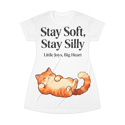 Cute Cat T-Shirt Dress – Playful “Stay Soft” Graphic for Kindness & Big-Hearted Kids