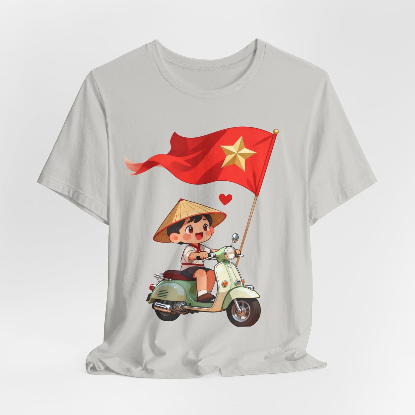intage Vespa Rider Tee – Adorable Kid & Star Flag Illustration, Travel-Style Vietnam Graphic Shirt