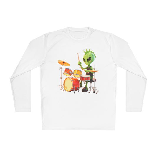 Groovy Alien Drummer Long Sleeve – Cute Green Space Creature Playing Drums Graphic Shirt