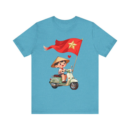 intage Vespa Rider Tee – Adorable Kid & Star Flag Illustration, Travel-Style Vietnam Graphic Shirt