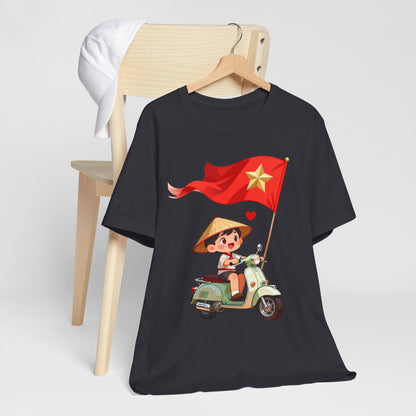 intage Vespa Rider Tee – Adorable Kid & Star Flag Illustration, Travel-Style Vietnam Graphic Shirt