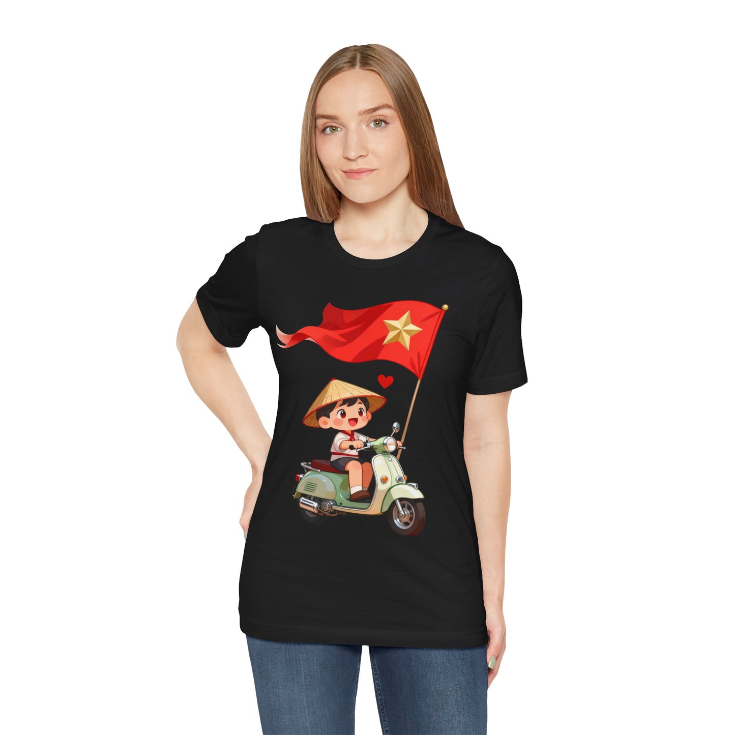 intage Vespa Rider Tee – Adorable Kid & Star Flag Illustration, Travel-Style Vietnam Graphic Shirt