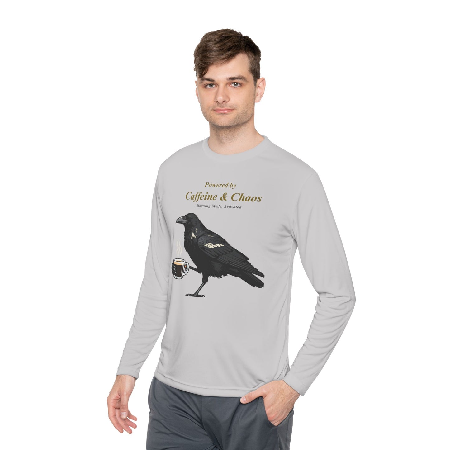Raven Brew Crew Long Sleeve – Witty Coffee Graphic Tee for Daily Chaos and Late-Night Energy