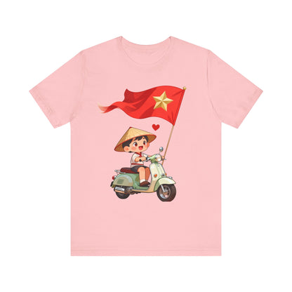 intage Vespa Rider Tee – Adorable Kid & Star Flag Illustration, Travel-Style Vietnam Graphic Shirt