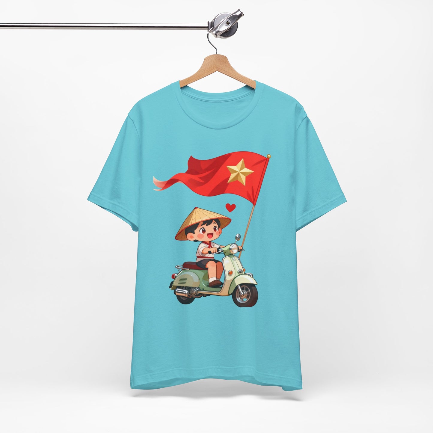 intage Vespa Rider Tee – Adorable Kid & Star Flag Illustration, Travel-Style Vietnam Graphic Shirt