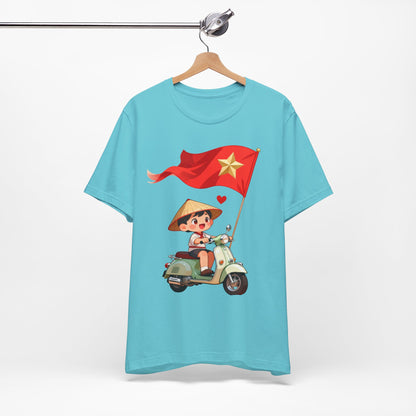 intage Vespa Rider Tee – Adorable Kid & Star Flag Illustration, Travel-Style Vietnam Graphic Shirt