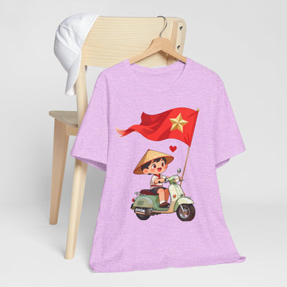 intage Vespa Rider Tee – Adorable Kid & Star Flag Illustration, Travel-Style Vietnam Graphic Shirt