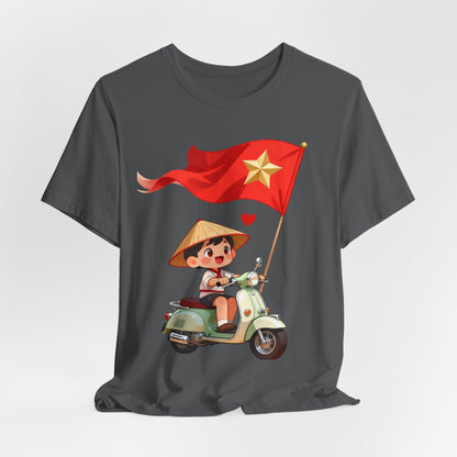 intage Vespa Rider Tee – Adorable Kid & Star Flag Illustration, Travel-Style Vietnam Graphic Shirt