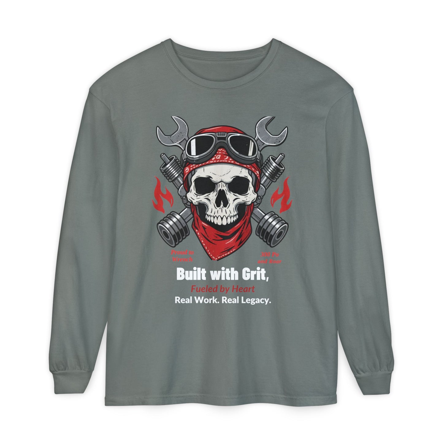 Grease & Glory Long Sleeve Shirt – Gritty Mechanic Skull Graphic Tee for Hardworking Hands