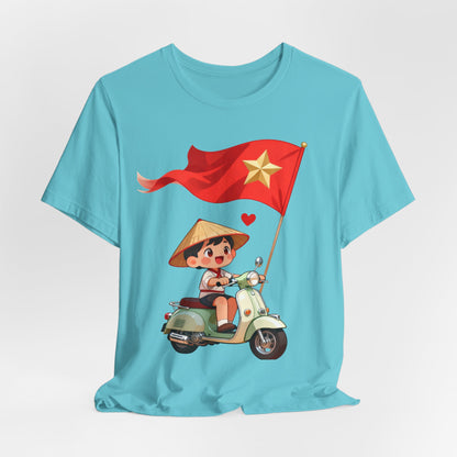 intage Vespa Rider Tee – Adorable Kid & Star Flag Illustration, Travel-Style Vietnam Graphic Shirt