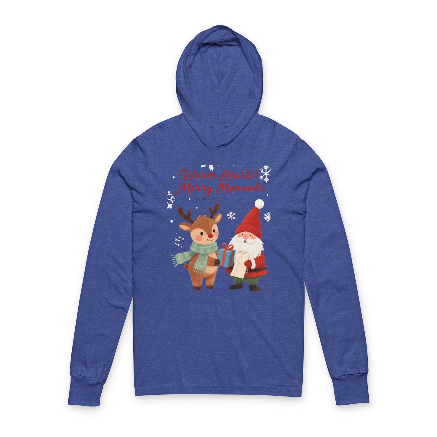Warm Hearts, Merry Moments” Christmas Hoodie Tee – Cozy Reindeer & Santa Long Sleeve for Holiday Cheer