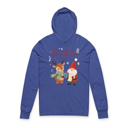 Warm Hearts, Merry Moments” Christmas Hoodie Tee – Cozy Reindeer & Santa Long Sleeve for Holiday Cheer