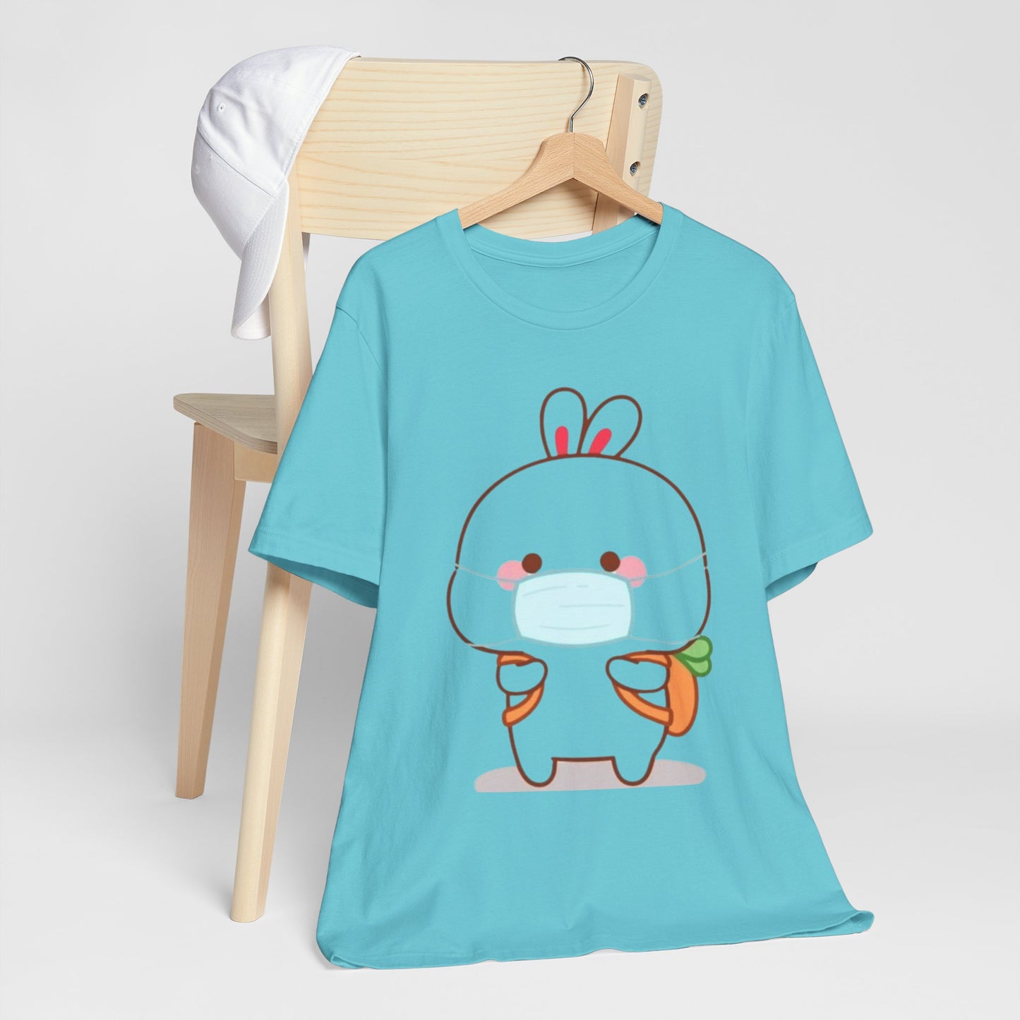 Playful Bunny in Mask T-Shirt – Adorable Carrot-Loving Rabbit Cartoon Design