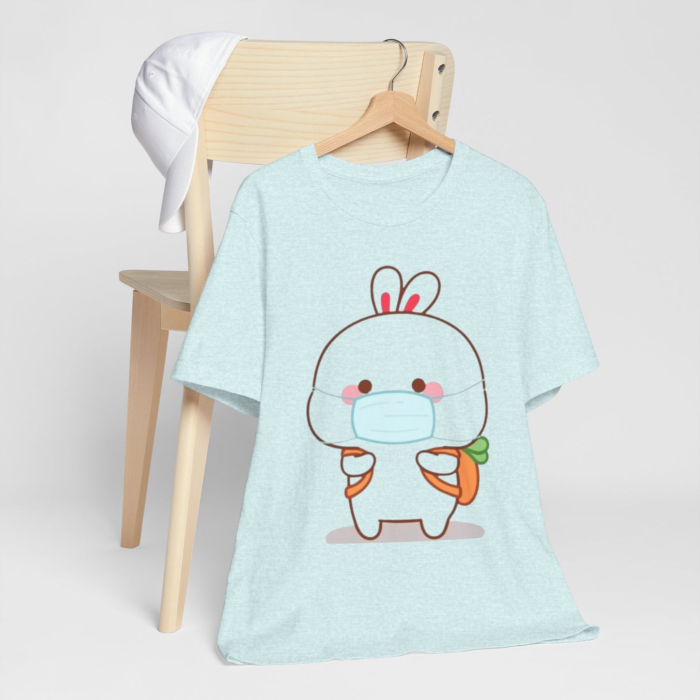 Playful Bunny in Mask T-Shirt – Adorable Carrot-Loving Rabbit Cartoon Design