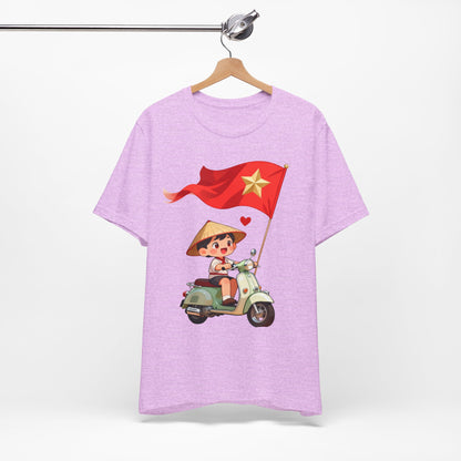 intage Vespa Rider Tee – Adorable Kid & Star Flag Illustration, Travel-Style Vietnam Graphic Shirt