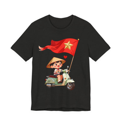 intage Vespa Rider Tee – Adorable Kid & Star Flag Illustration, Travel-Style Vietnam Graphic Shirt
