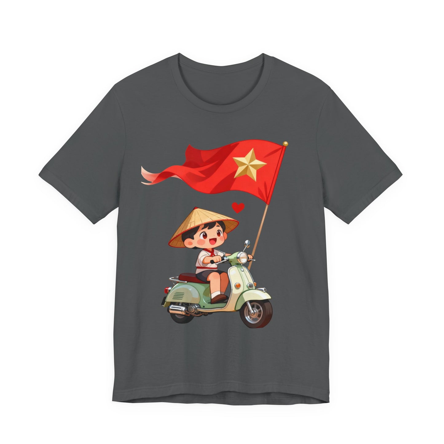 intage Vespa Rider Tee – Adorable Kid & Star Flag Illustration, Travel-Style Vietnam Graphic Shirt