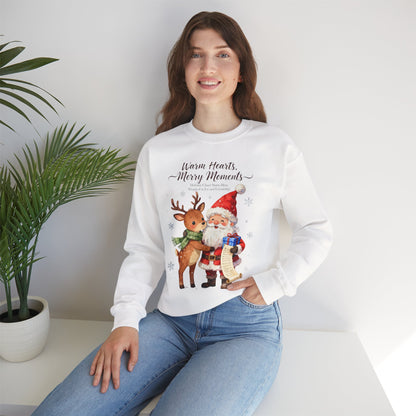 Cozy Christmas Sweatshirt – “Warm Hearts, Merry Moments” Santa & Reindeer Holiday Pullover for Festive Cheer