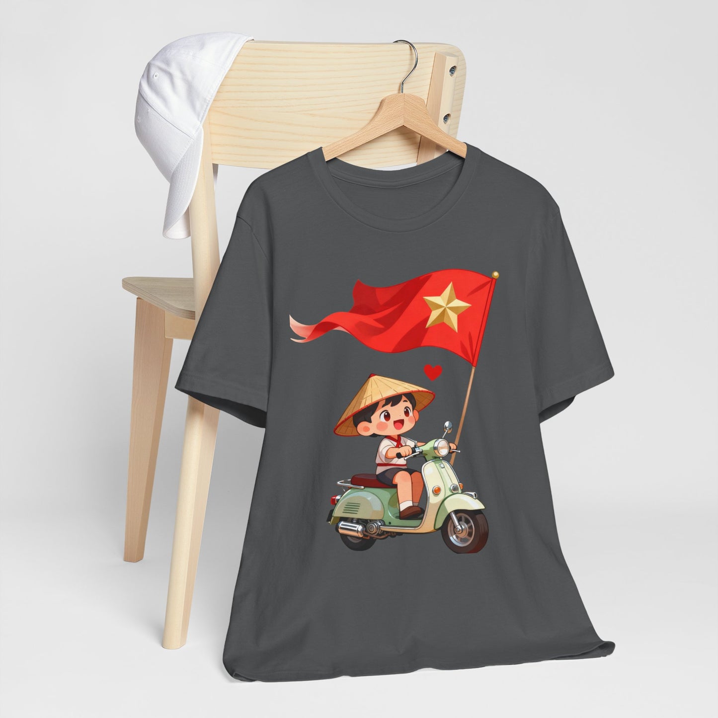 intage Vespa Rider Tee – Adorable Kid & Star Flag Illustration, Travel-Style Vietnam Graphic Shirt