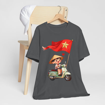 intage Vespa Rider Tee – Adorable Kid & Star Flag Illustration, Travel-Style Vietnam Graphic Shirt
