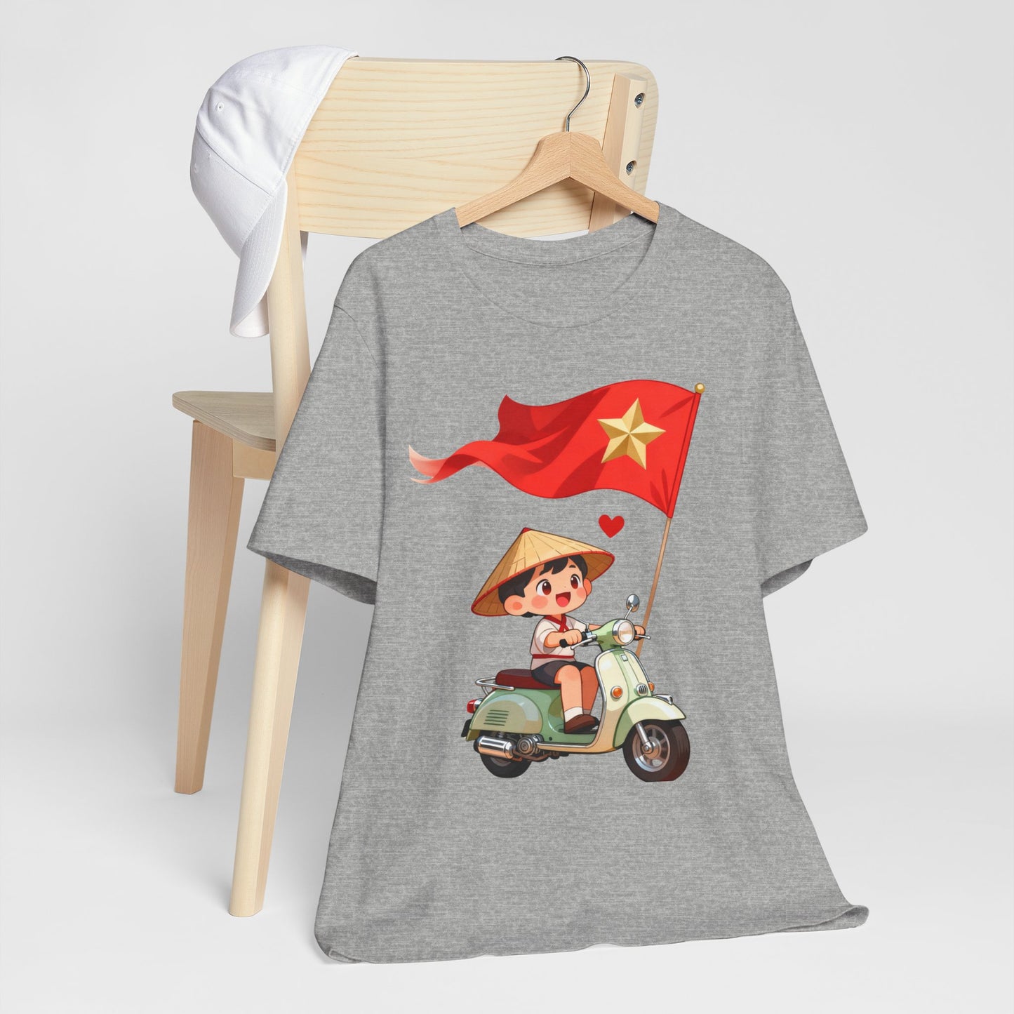 intage Vespa Rider Tee – Adorable Kid & Star Flag Illustration, Travel-Style Vietnam Graphic Shirt