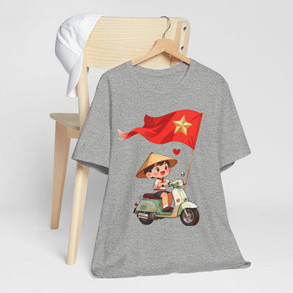 intage Vespa Rider Tee – Adorable Kid & Star Flag Illustration, Travel-Style Vietnam Graphic Shirt
