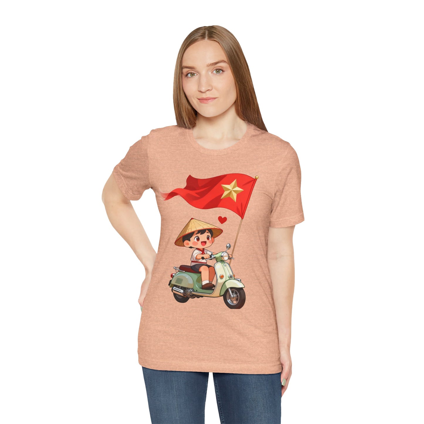 intage Vespa Rider Tee – Adorable Kid & Star Flag Illustration, Travel-Style Vietnam Graphic Shirt