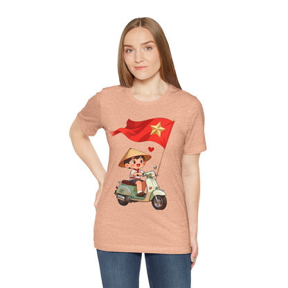 intage Vespa Rider Tee – Adorable Kid & Star Flag Illustration, Travel-Style Vietnam Graphic Shirt