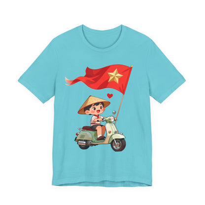 intage Vespa Rider Tee – Adorable Kid & Star Flag Illustration, Travel-Style Vietnam Graphic Shirt
