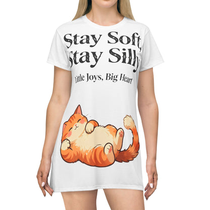 Cute Cat T-Shirt Dress – Playful “Stay Soft” Graphic for Kindness & Big-Hearted Kids