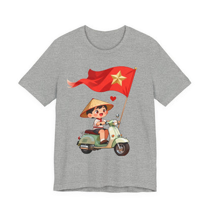 intage Vespa Rider Tee – Adorable Kid & Star Flag Illustration, Travel-Style Vietnam Graphic Shirt