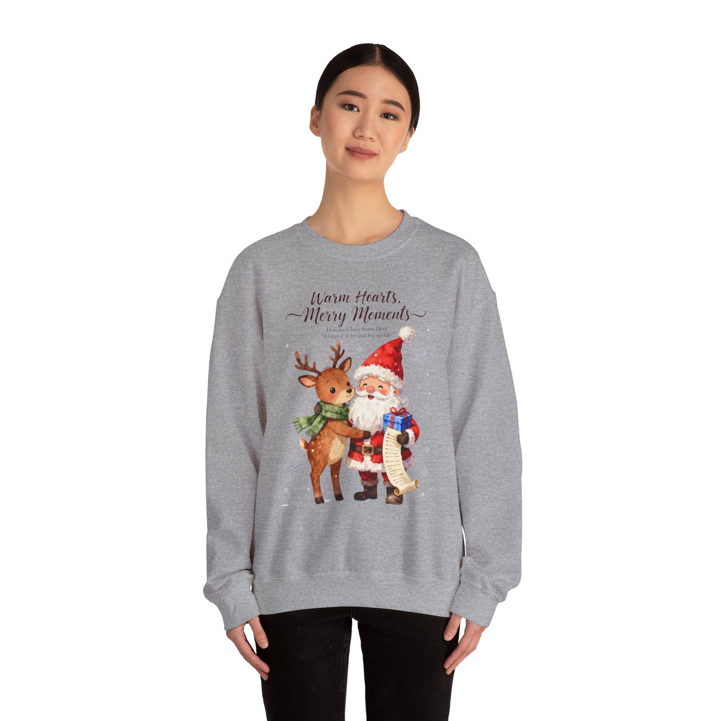 Cozy Christmas Sweatshirt – “Warm Hearts, Merry Moments” Santa & Reindeer Holiday Pullover for Festive Cheer