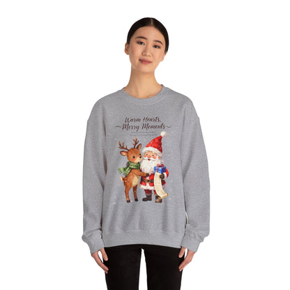 Cozy Christmas Sweatshirt – “Warm Hearts, Merry Moments” Santa & Reindeer Holiday Pullover for Festive Cheer