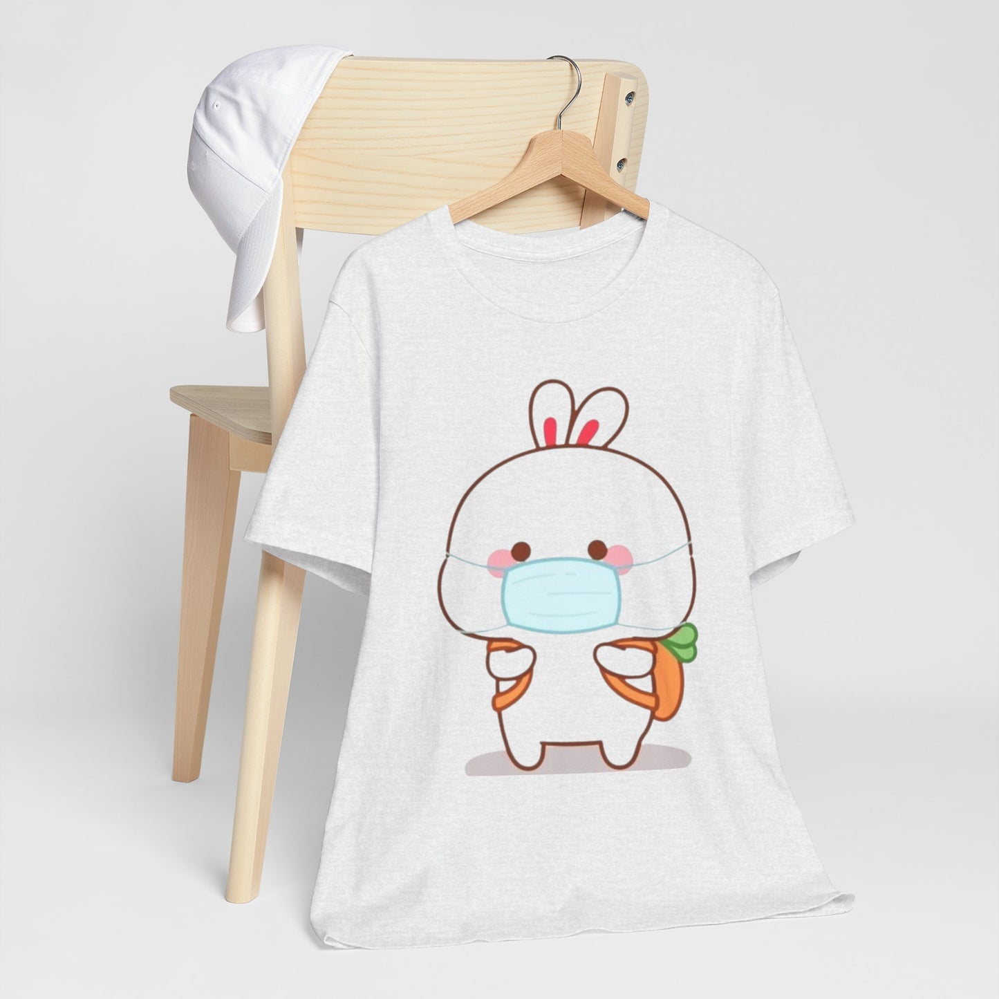 Playful Bunny in Mask T-Shirt – Adorable Carrot-Loving Rabbit Cartoon Design