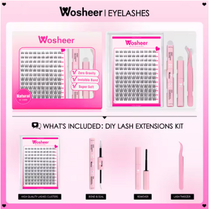 WOSHEER Lash Clusters Kit Wispy Natural Cluster Eyelash Extension Kit DIY Lash Extension Kit 8-14MM Eyelash Clusters Individual